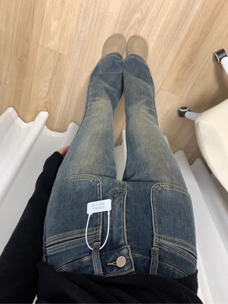 復古水泥灰微喇牛仔褲女高腰2023秋季新款加絨緊身顯瘦拖地喇叭褲