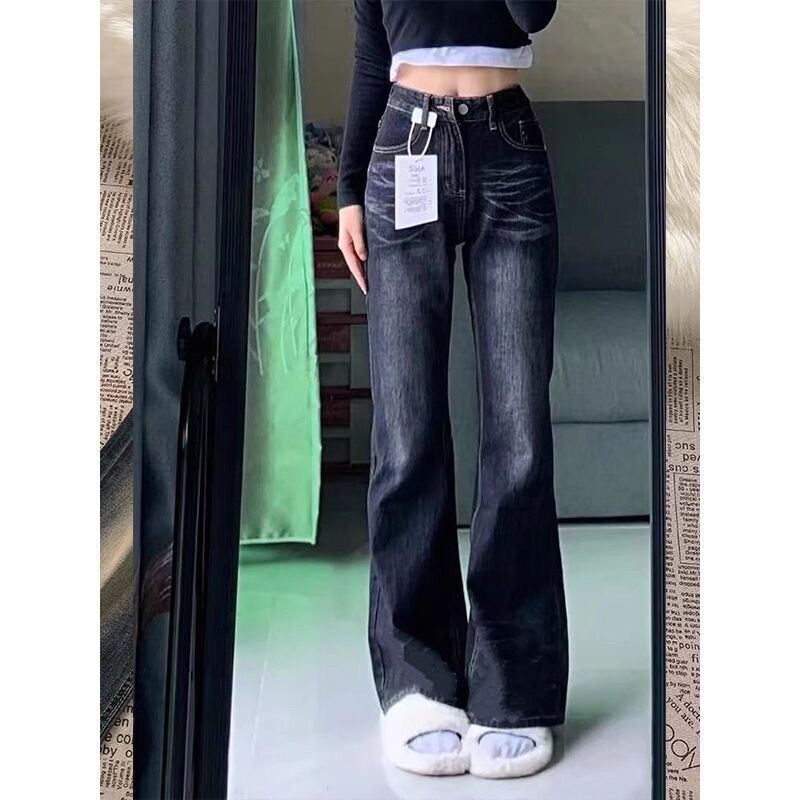 復古黑色加長闊腿微喇牛仔褲女秋冬新款低腰顯瘦寬鬆直筒拖地褲子