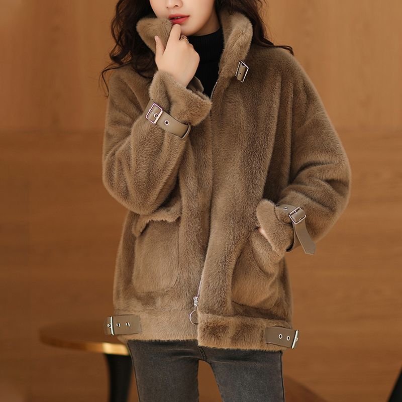 High-end imitation mink velvet thickened fur coat for women autumn and winter new fashion loose stand-up collar plush coat
