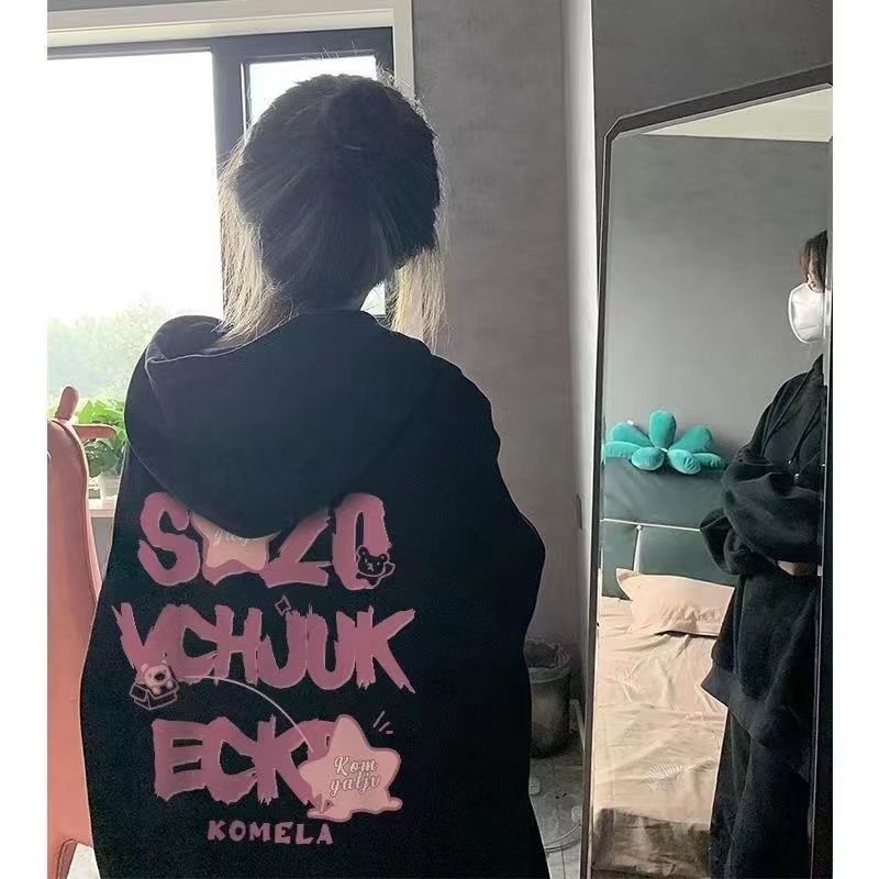 美式復古連帽衛衣女春秋冬季新款加絨寬鬆hiphop長袖上衣外套潮