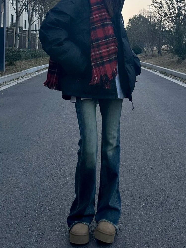 美式復古毛邊微喇牛仔褲女冬季新款高腰彈力修身顯瘦直筒喇叭褲子