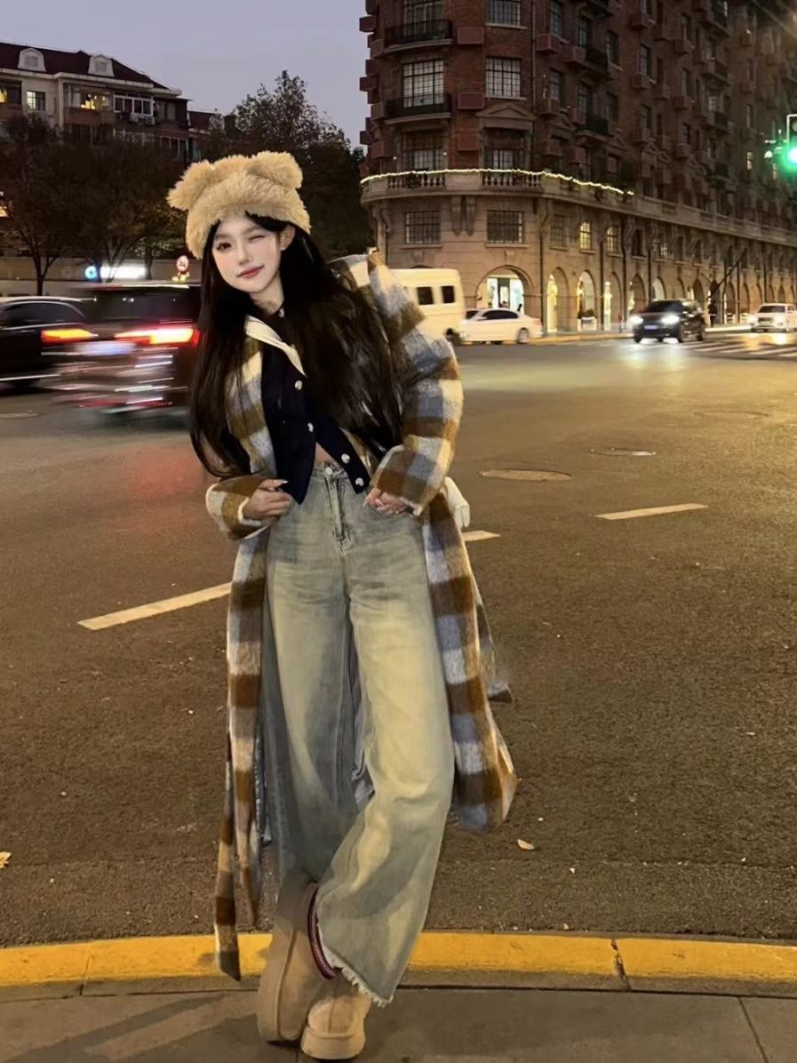 美式做舊毛邊闊腿牛仔褲女秋冬新款高腰寬鬆顯瘦百搭直筒拖地長褲