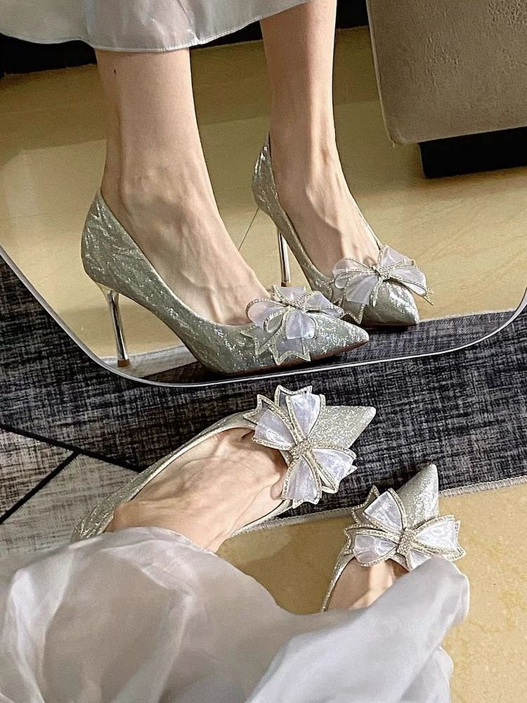 French high heels women's stiletto wedding shoes 2023 new high-end rhinestone shiny silver bow versatile shoes