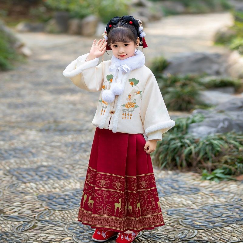 New Hanfu Horse Face Girls Autumn and Winter Plus Velvet Thickened Tang Suit Children's Half-Sleeve Daily Baby New Year's Eve Suit