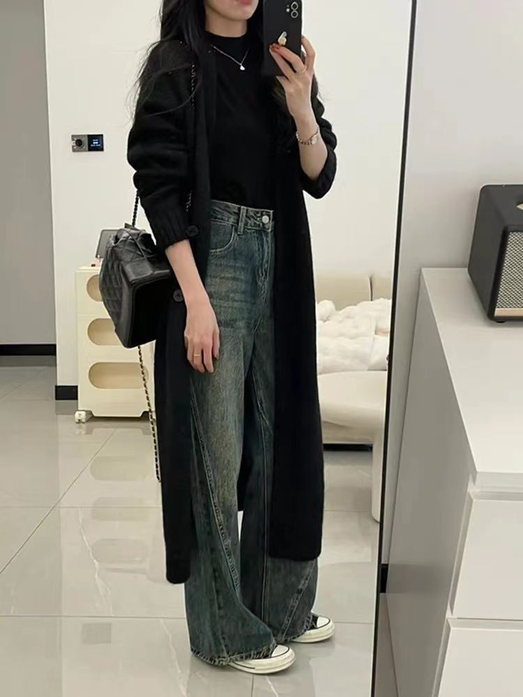 美式復古藍直筒拖地牛仔褲女2023秋冬新款高腰設計感小眾闊腿褲子