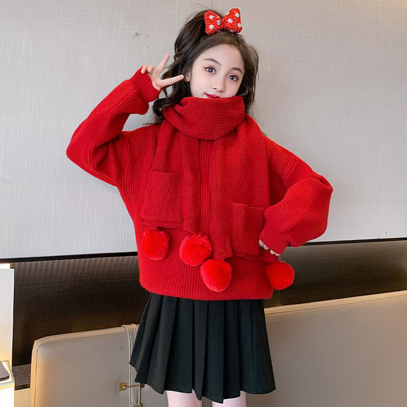 女童秋冬款毛衣儿童冬装新款大童打底加厚红色洋气年服针织衫