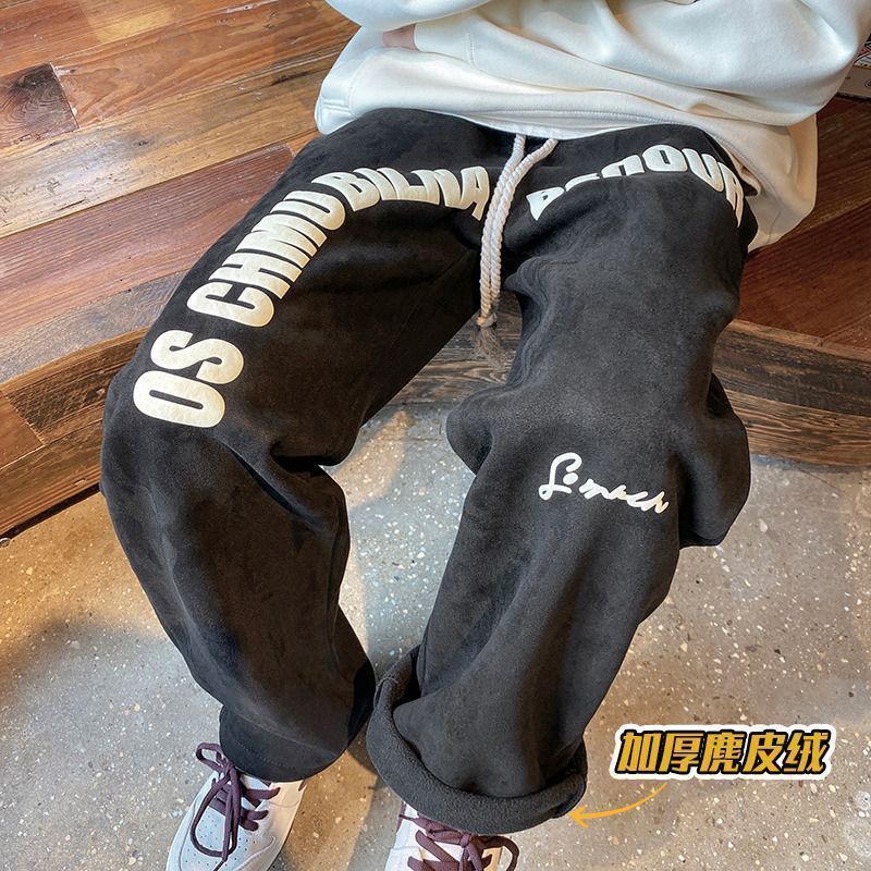 Wanfandu suede plus velvet thickened pants men's autumn and winter high street trendy wide-leg pants American retro casual sweatpants