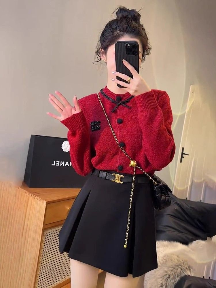 Fashionable red bow outer sweater  new women's autumn and winter short thick knitted cardigan jacket