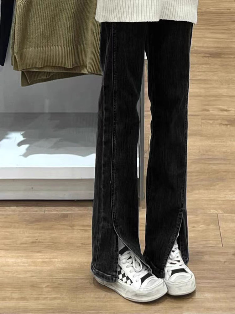 胖mm黑色開叉高腰直筒褲女冬季復古拖地顯瘦闊腿牛仔微喇褲子大碼