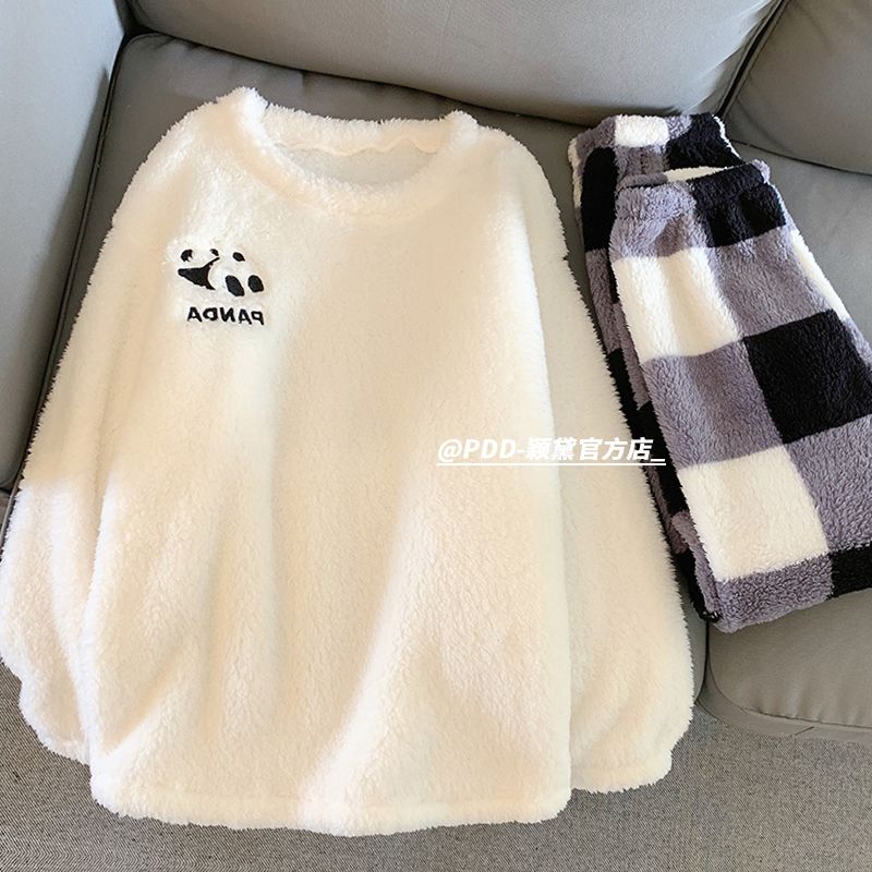 ins簡約格子珊瑚絨睡衣女秋冬季加厚毛絨法蘭絨學生家居服套裝