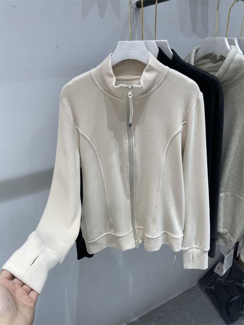 DeRong warm design double zipper stand collar splicing cardigan sweatshirt for women 2023 autumn and winter new soft waxy top trendy