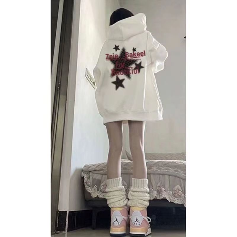新款2023白色星星字母印花連帽衛衣女美式復古秋冬學生小眾外套