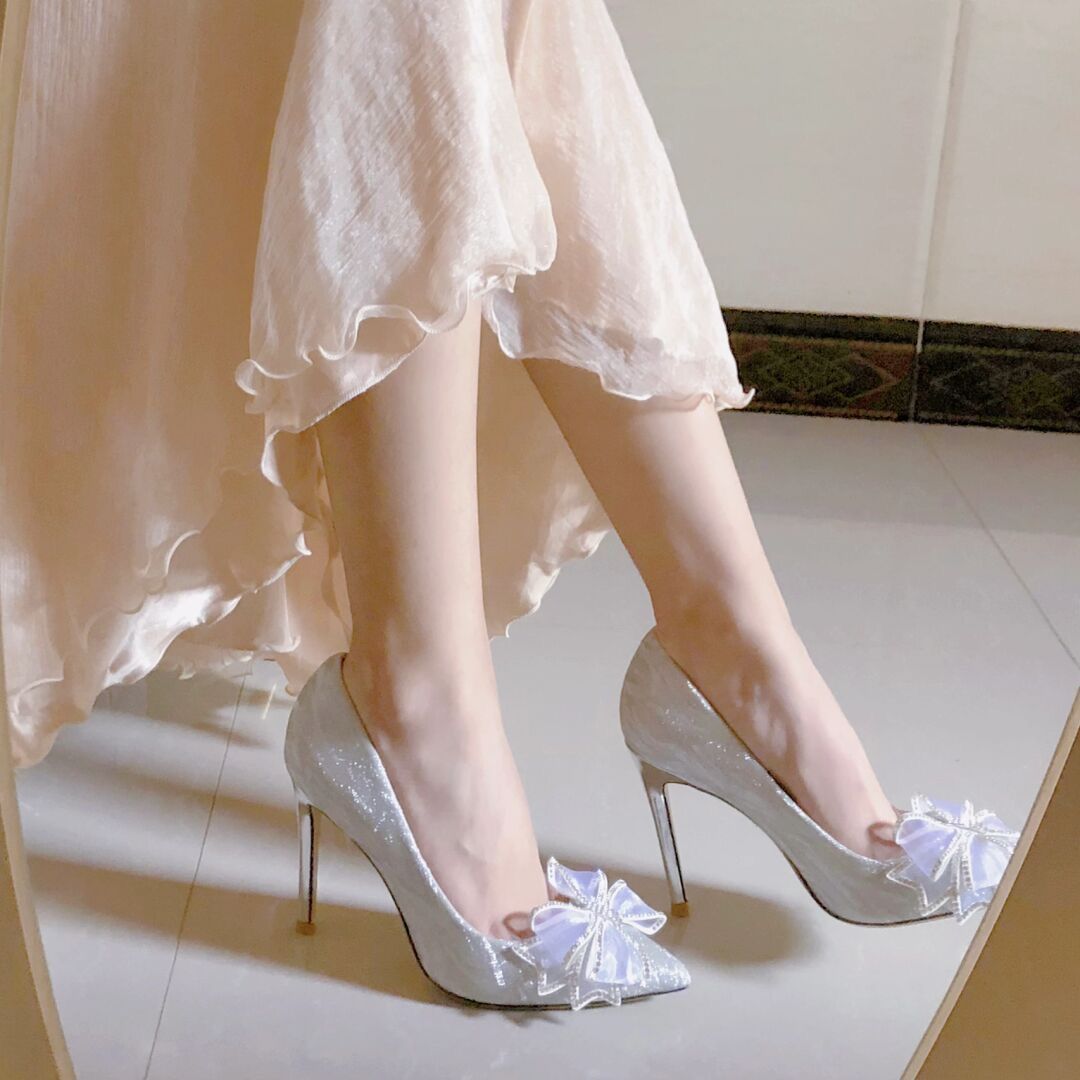 French style single shoes for women with stiletto heels 2023 new style shallow high heels versatile little people butterfly wedding dress wedding shoes