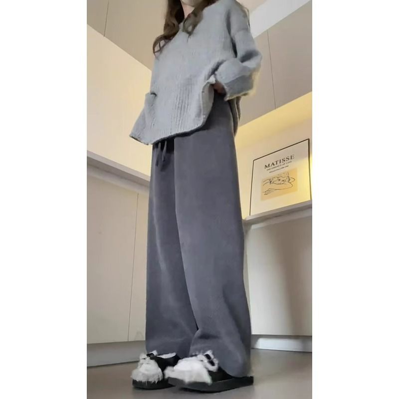 Gray herringbone chenille wide-leg pants for women in autumn and winter new high-waist slim casual straight narrow version long pants trendy