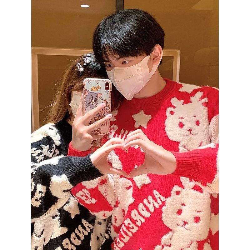 秋冬高級感情侶針織毛衣男女趣味卡通提花設計感小眾慵懶風潮上衣