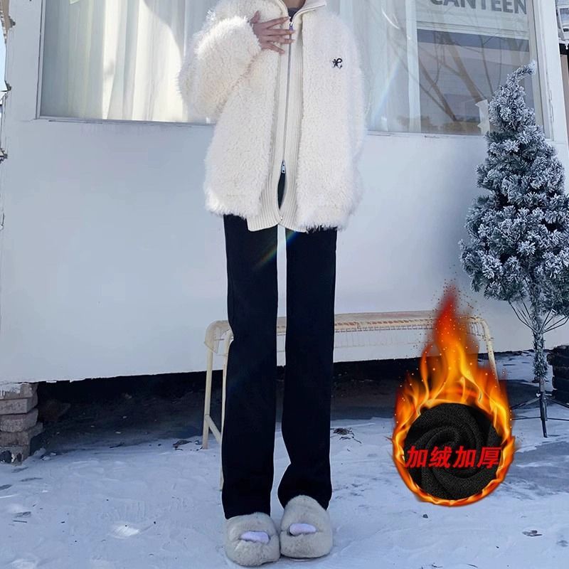 黑色直筒牛仔褲女秋冬季加絨高腰修身百搭顯瘦窄版煙管百搭長褲子