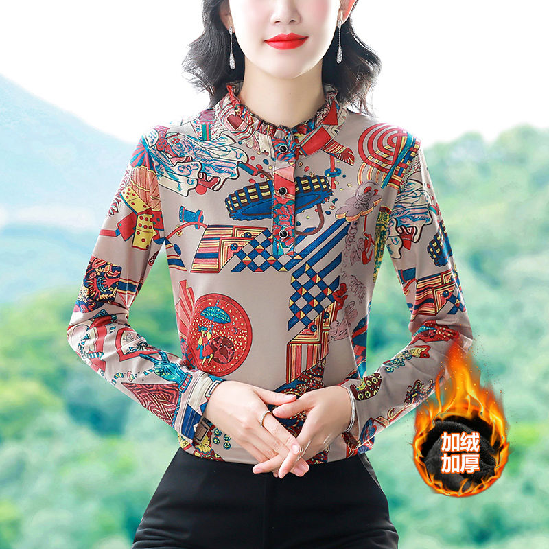 中年媽媽打底衫女冬季2023新款洋氣加絨加厚百搭半高領內搭長袖