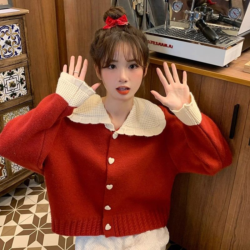 Christmas Red Sweater Women's Autumn and Winter 2023 New Design Doll Collar Contrast Color Chic Knitted Cardigan Jacket