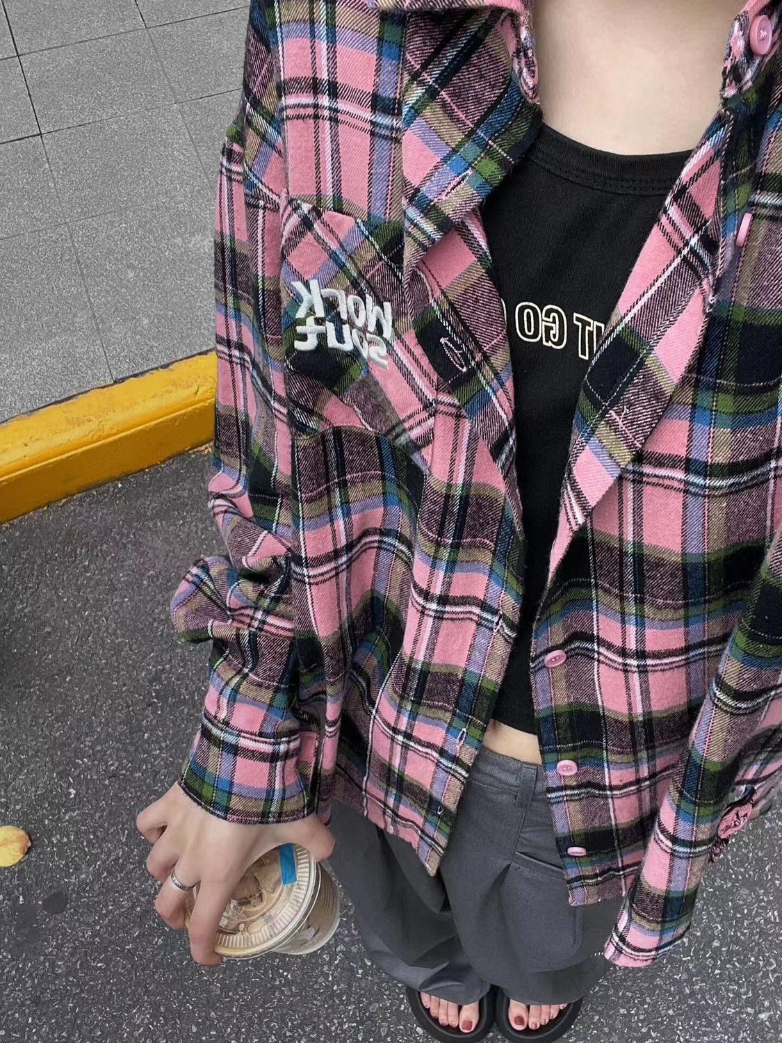 慵懶復古格子襯衫外套女秋冬2023新款寬鬆休閒百搭中長款襯衣開衫