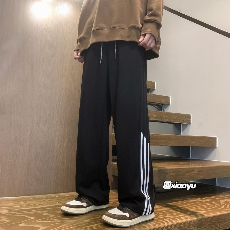 Wanfandu spliced ​​striped casual pants for men in autumn and winter, plus velvet and thickening, versatile loose straight pants, loose sports pants for men