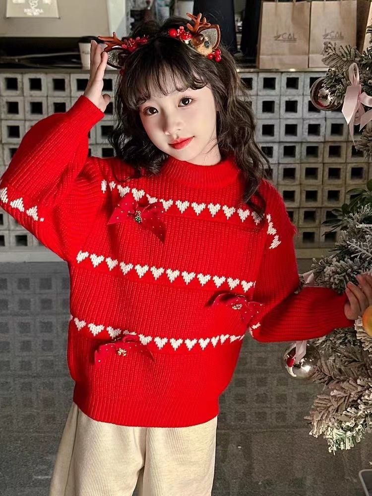 女童紅色毛衣兒童聖誕針織衫過年12歲女孩本命年喜慶新年大童上衣