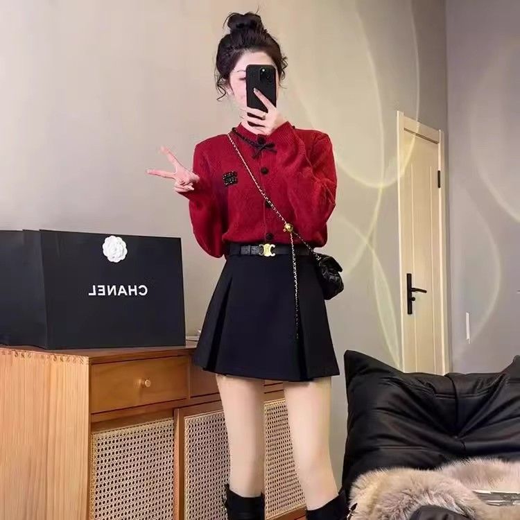 Fashionable red bow outer sweater  new women's autumn and winter short thick knitted cardigan jacket