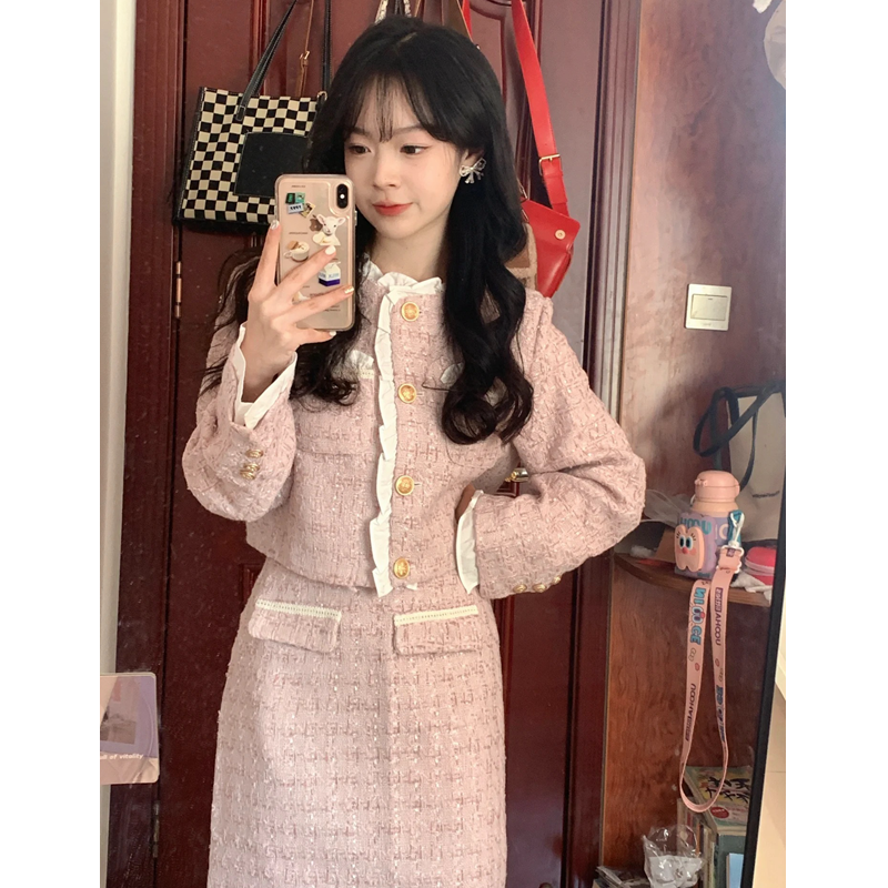 套裝女2023秋冬季新款粉色小香風花邊拼接短款外套上衣高腰半身裙
