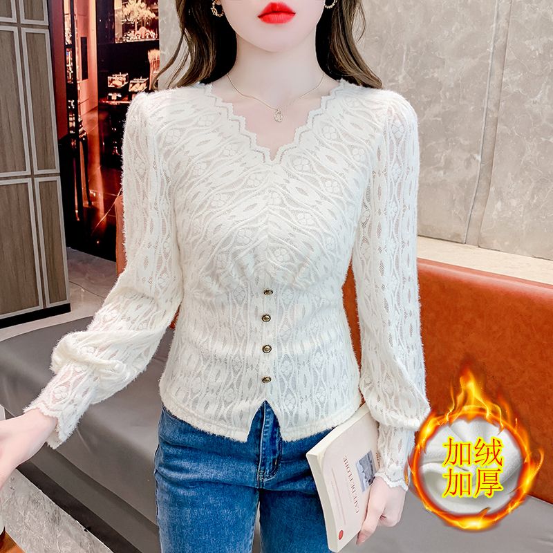 法式氣質V領加絨蕾絲打底衫女秋冬2023新款洋氣減齡修身內搭上衣