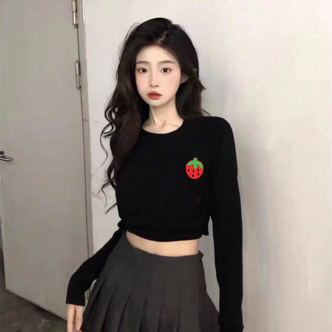 美式正肩高腰漏臍短款打底衫印花t恤女緊身修身春秋內搭長袖上衣