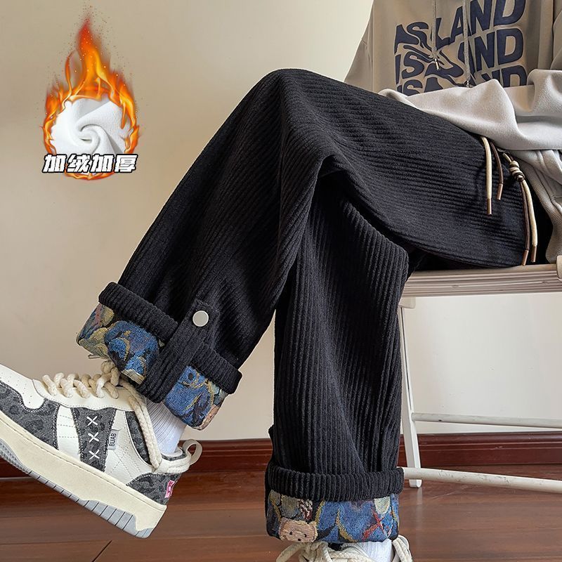 Wanfandu corduroy pants men's American retro bear curled straight pants winter plus velvet thickened casual pants