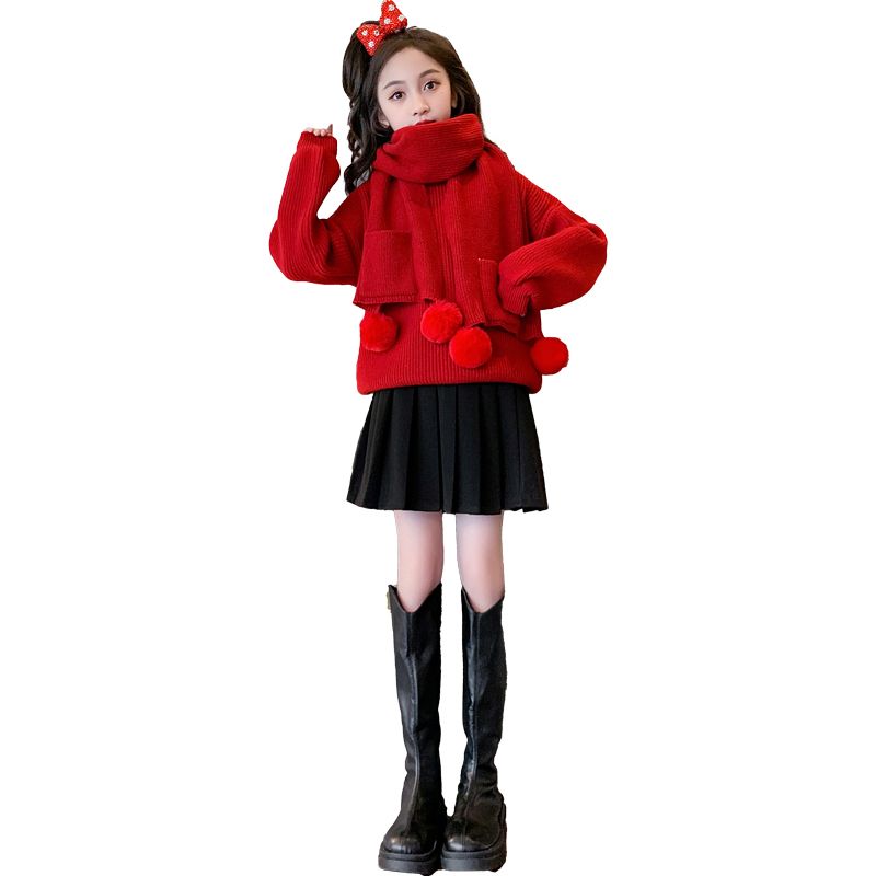 女童秋冬款毛衣儿童冬装新款大童打底加厚红色洋气年服针织衫