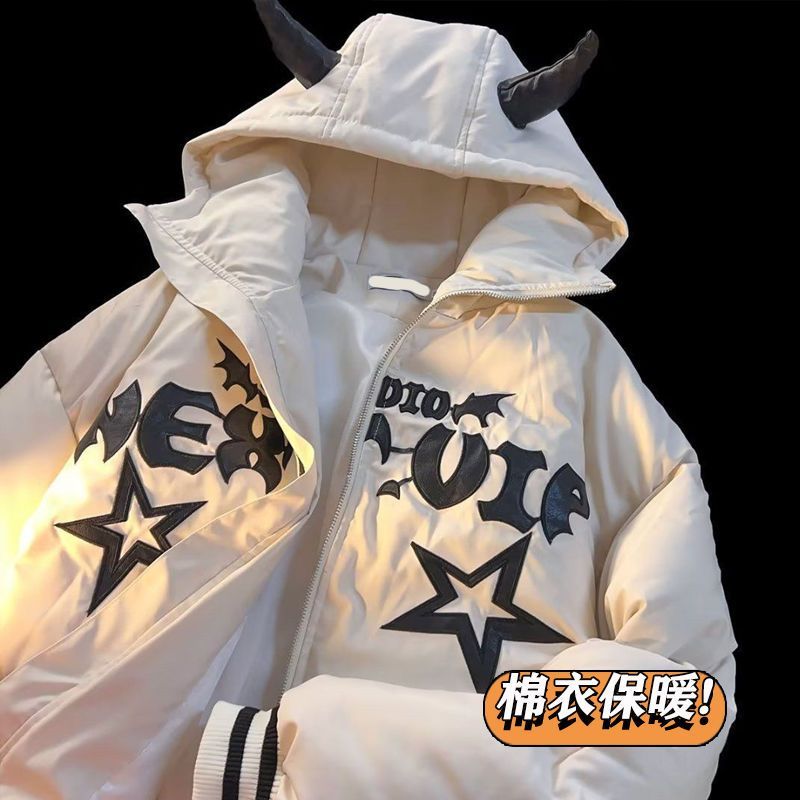 萬梵度日系潮流小惡魔角秋冬加厚棉服外套男女夾棉保暖情侶麵包服