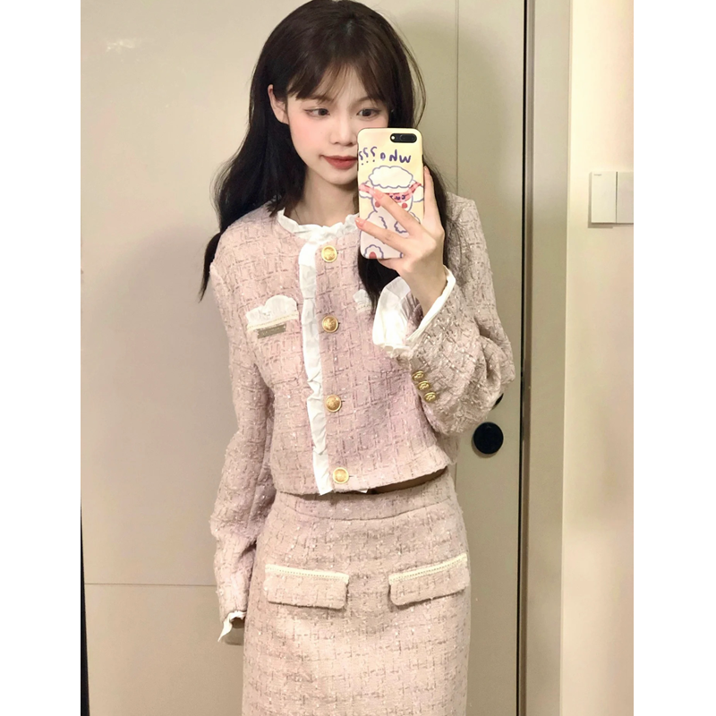 粉色小香風套裝女2023秋冬新款名媛風花邊拼接短款外套高腰半身裙