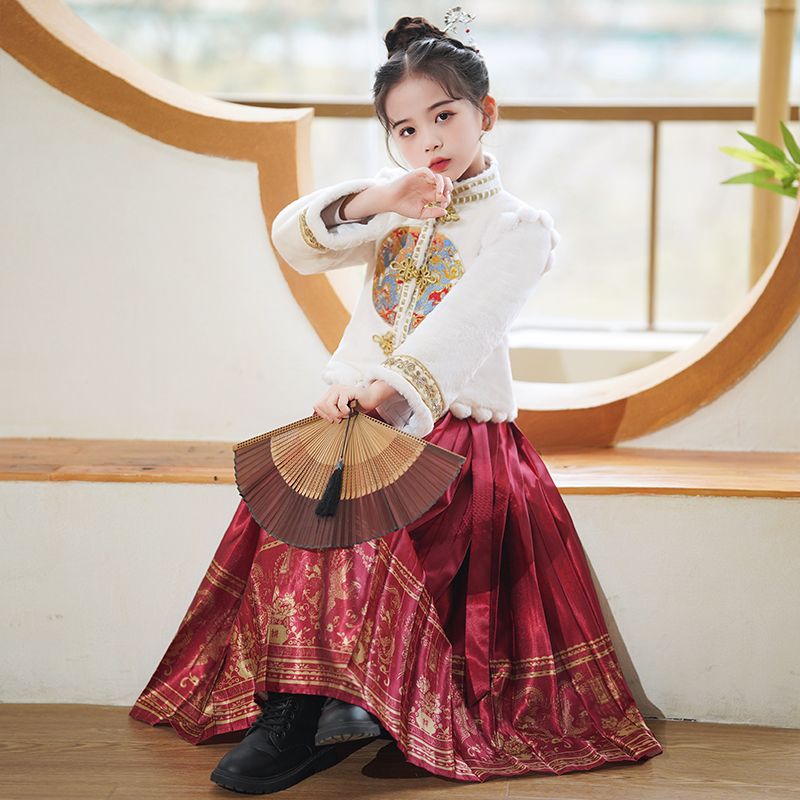 女童馬面裙套裝冬裝新款過年服中國風加絨加厚兒童新年拜年服唐裝