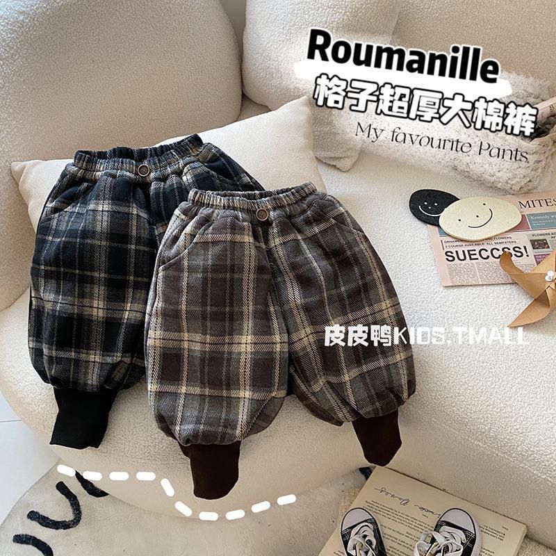 Baby pants winter wear  new children's winter quilted and velvet plaid leggings baby thickened warm pants
