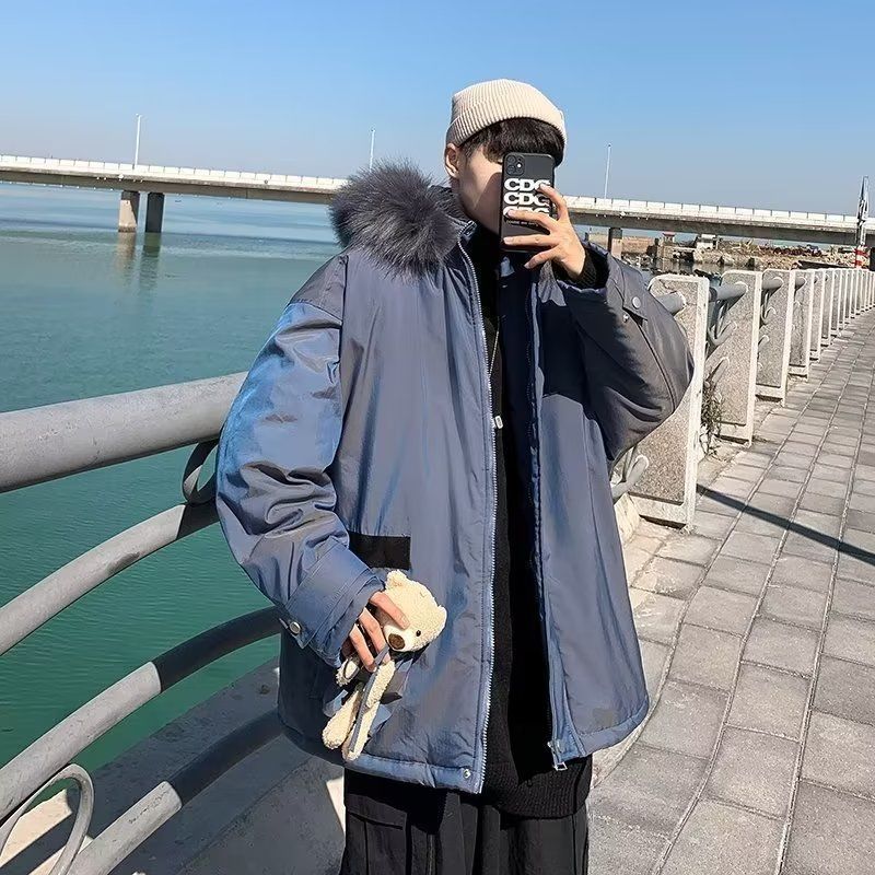 萬梵度美式高街潮牌百搭保暖情侶棉服毛絨韓版高級感加厚連帽棉衣