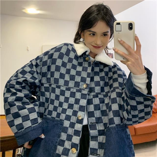Thick velvet loose warm denim jacket for women winter Korean style plaid versatile cotton jacket top trendy