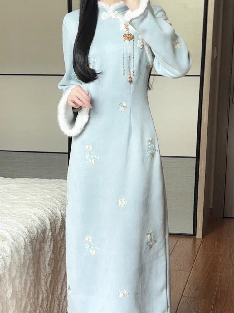 新中式改良民國刺繡旗袍秋冬款加絨加厚長袖復古絕美少女感連衣裙