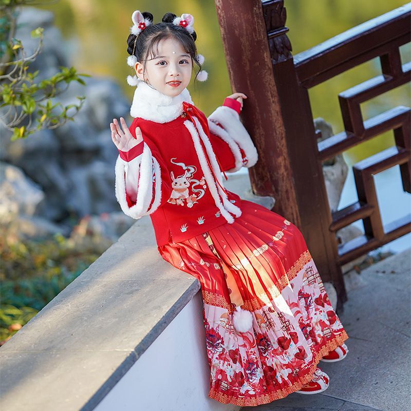 漢服女童秋冬加厚明制馬面裙套裝女孩古裝改良拜年服兒童古風唐裝