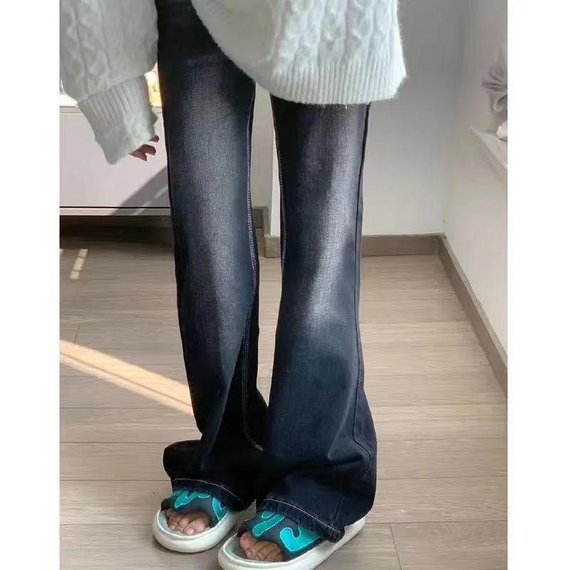 復古黑灰色高街微喇叭牛仔褲女2023秋冬款高腰顯瘦做舊寬鬆拖地褲