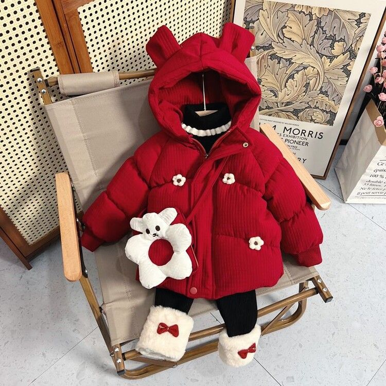 女童冬季棉服加绒加厚女宝宝冬装2023新款时髦红色小童棉袄套装冬