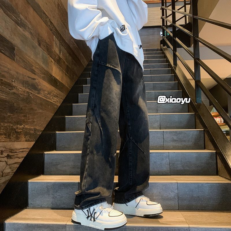 美式牛仔褲男生冬季加絨ins水洗做舊寬鬆直筒褲小眾潮流休閒褲子