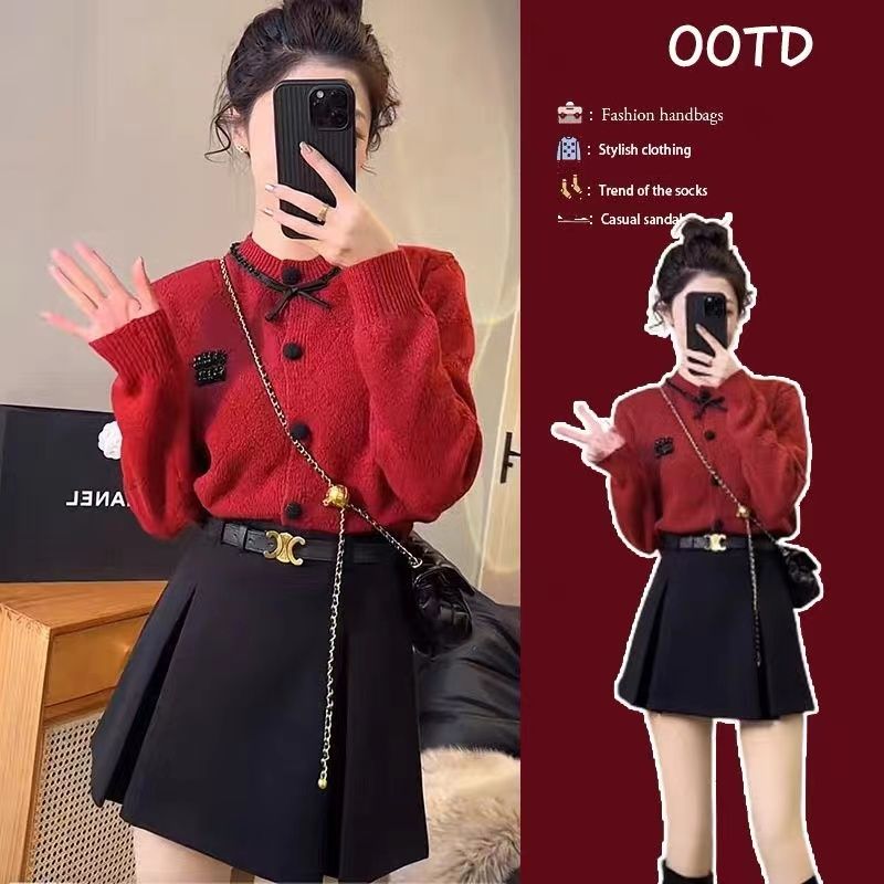 Christmas Little Fragrance Heavy Industry Nailed Long Sleeve Red Knitted Cardigan Women's Autumn and Winter Retro Slim Sweater Jacket