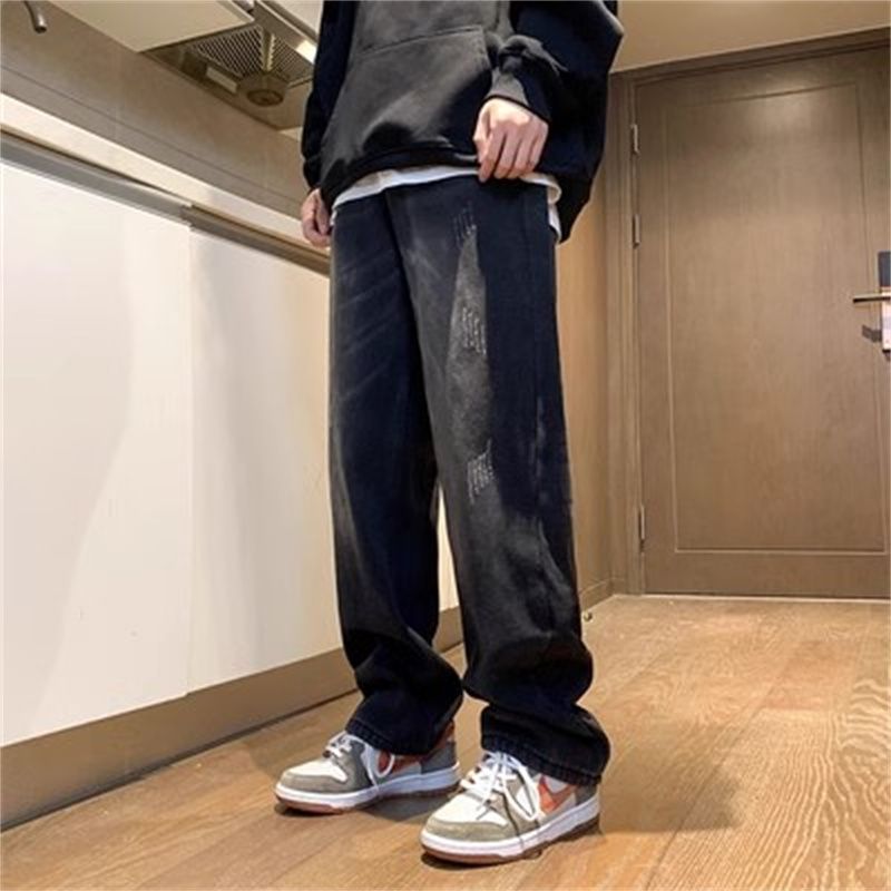 黑色加絨加厚牛仔褲男秋冬季寬鬆直筒褲子百搭潮流高中生休閒長褲