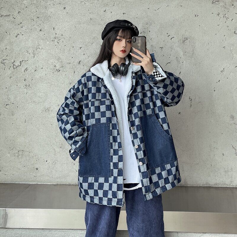 Thick velvet checkerboard checkerboard versatile denim jacket for women autumn and winter loose and slim men and women couple jacket ins top
