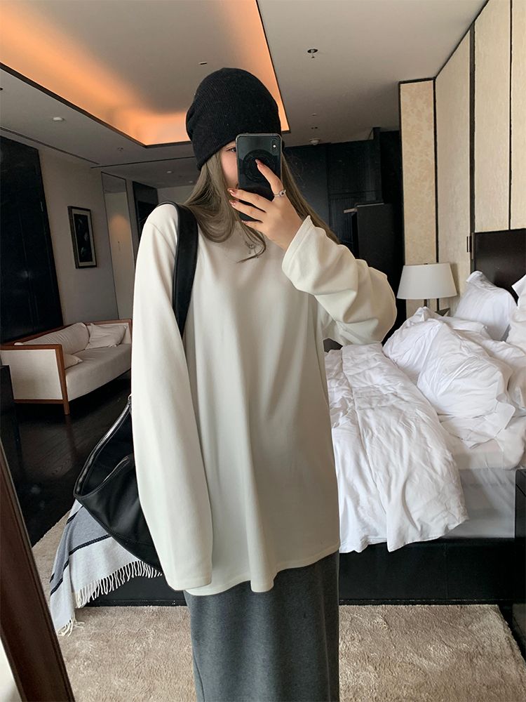 100% cotton long-sleeved t-shirt for women 2023 new autumn student Korean style loose white bottoming shirt trendy top