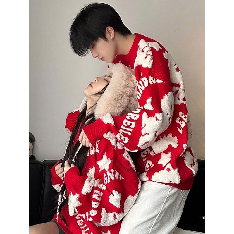 美式復古新年聖誕節氛圍感情侶針織毛衣男女小眾氣質百搭顯瘦上衣