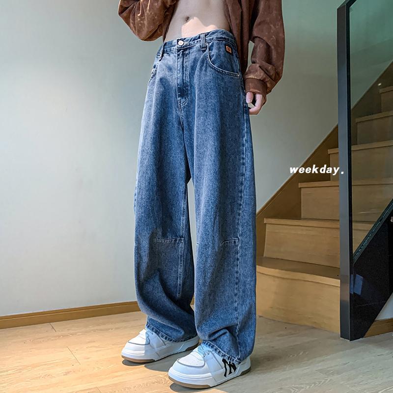 萬梵度美式復古深藍色牛仔褲男款春秋重磅垂感褲子高街寬鬆闊腿褲