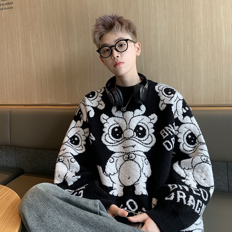 龍年小眾設計感針織毛衣男女美式復古國潮風氣質百搭情侶個性上衣