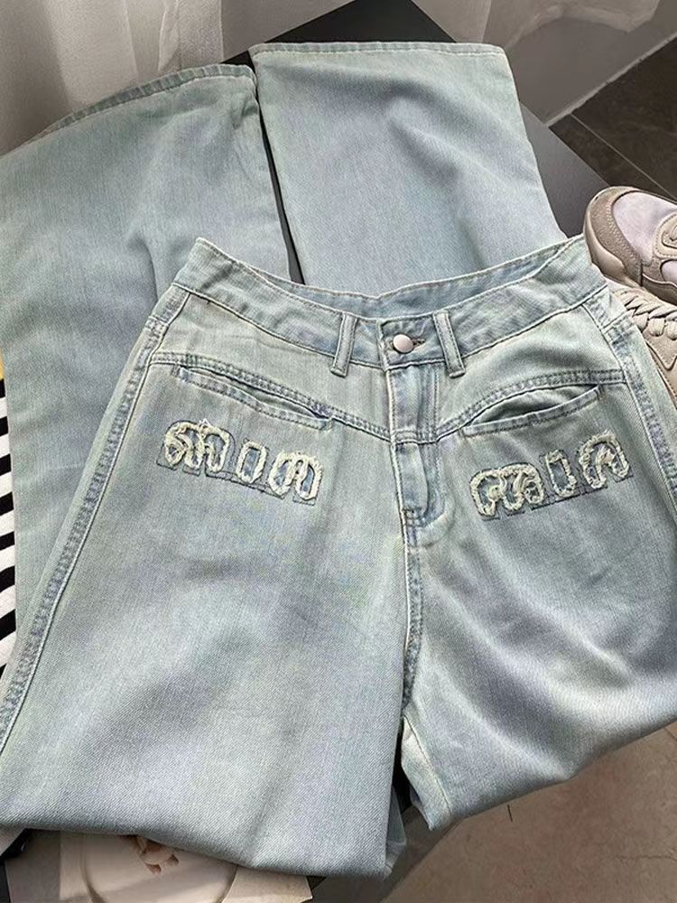 復古美式字母刺繡高腰牛仔褲女秋冬新款寬鬆顯瘦直筒拖地長褲子潮